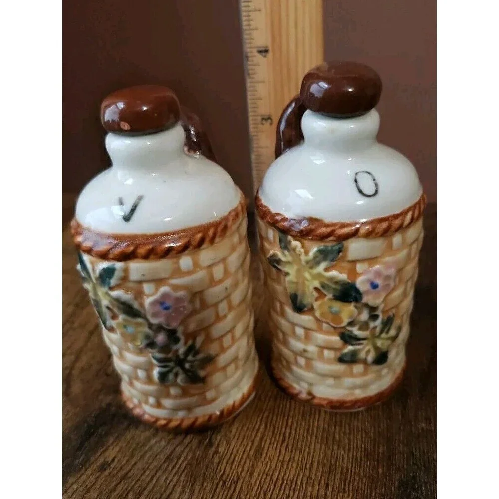 Vintage Oil & Vinegar Bottle Ceramic Basketweave Hand Painted Floral Cruets